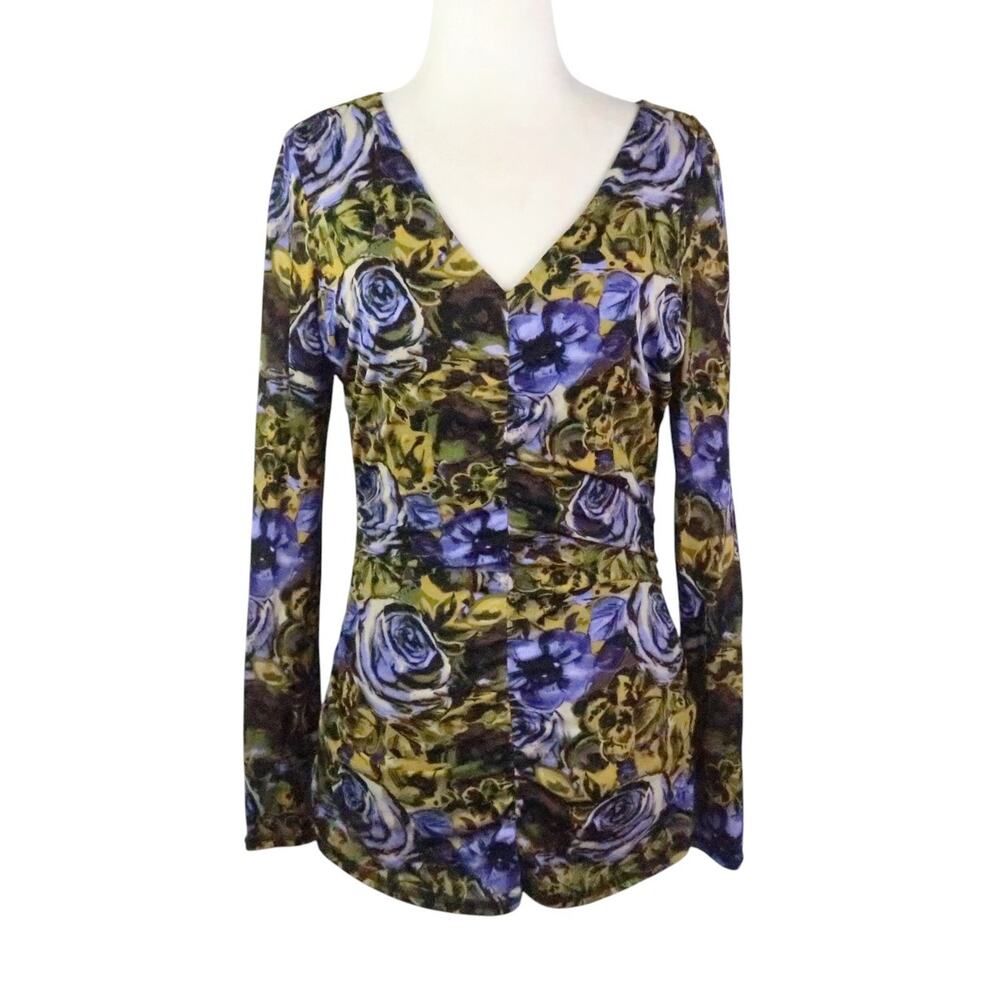 Vintage Y2K Worthington Blue and Yellow Rose Floral Mesh Top S
